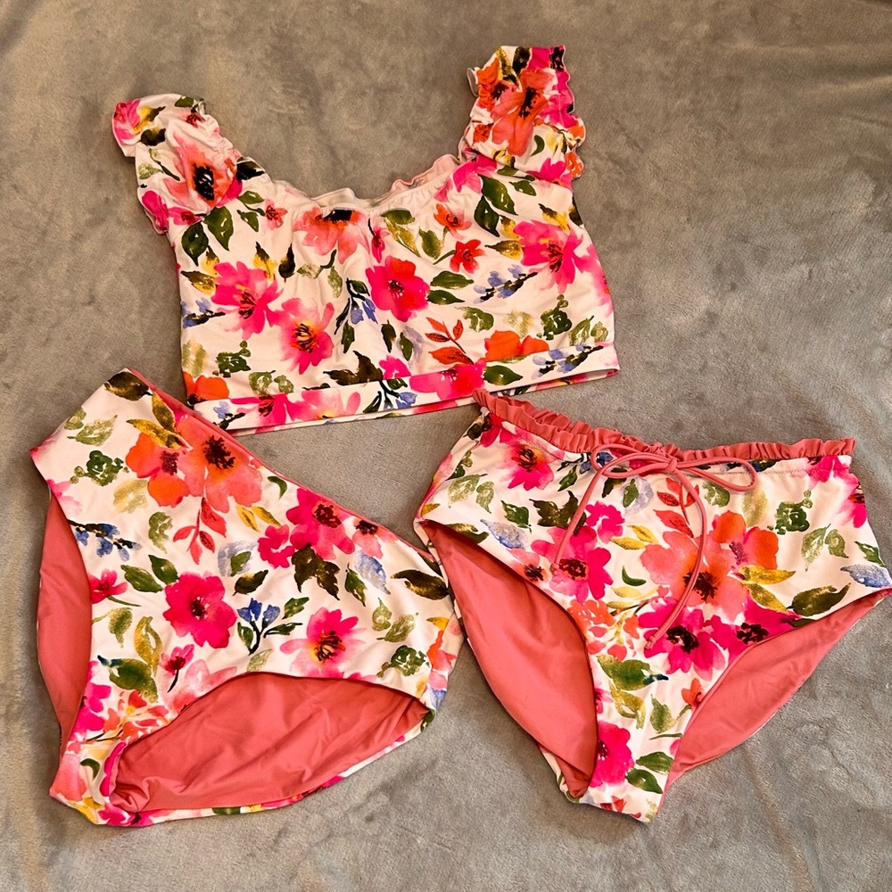 Coral Reef Size Large 3 Piece Floral Pink High-Waist Bikini Set Women Swim NWOT - Picture 5 of 9